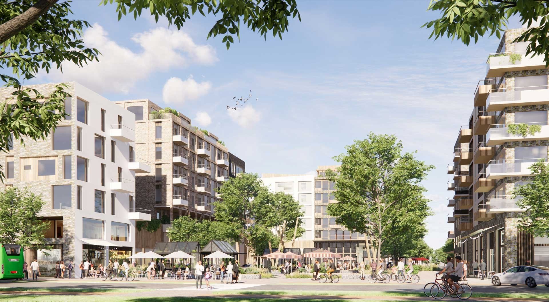 Illustration över hur Fäladstorget kan komma att se ut. Det är nya hus med butiker i bottenvåningar