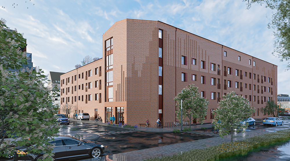 Arkitektillustration - norra sidan av kvarteret Smaken. Ett rött tegelhhus i vinkel med fyra våning