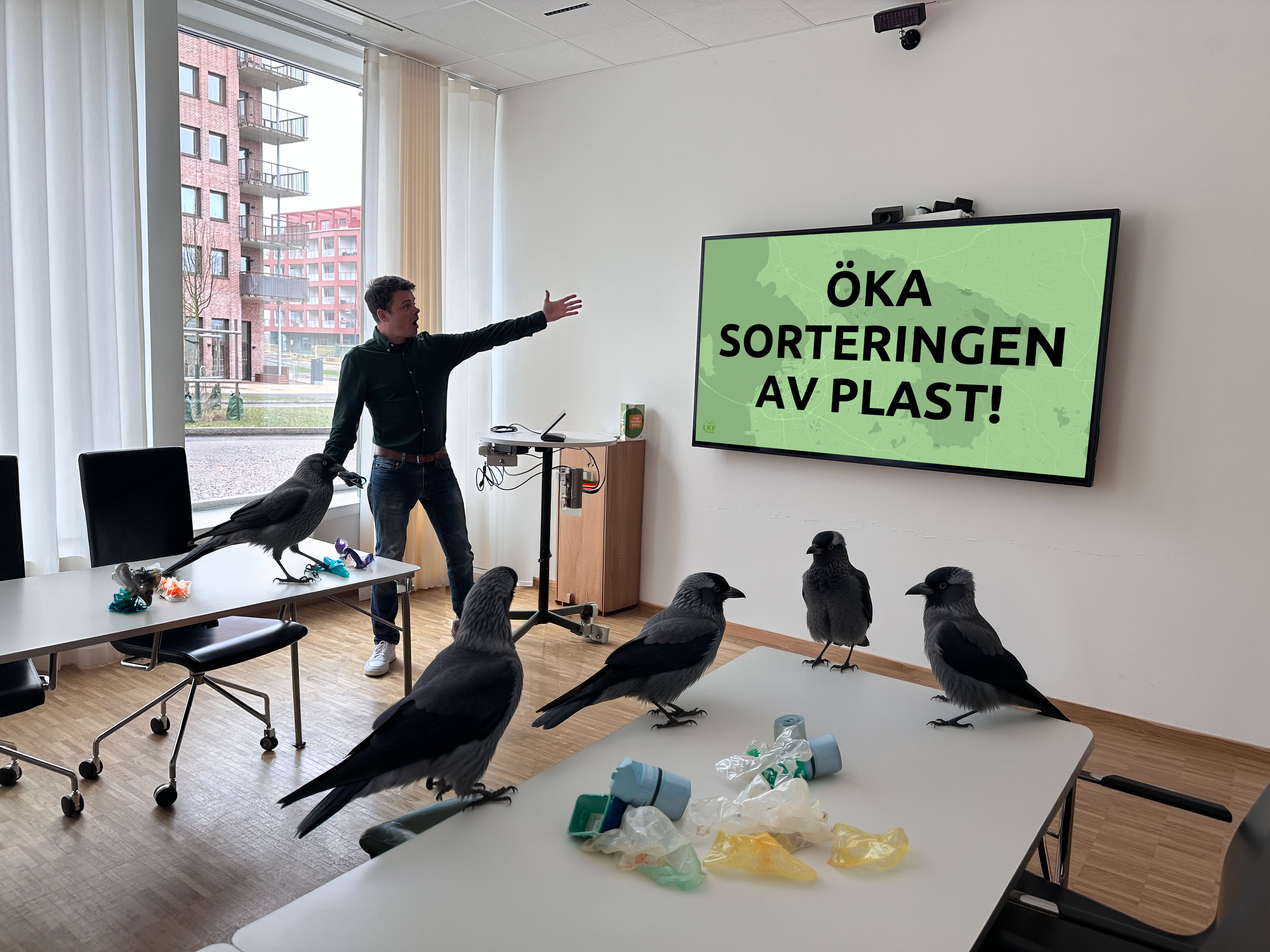 En person pekar på en skärm som har texten "Öka sorteringen av plast". Fåglar kajor sitter runt bor