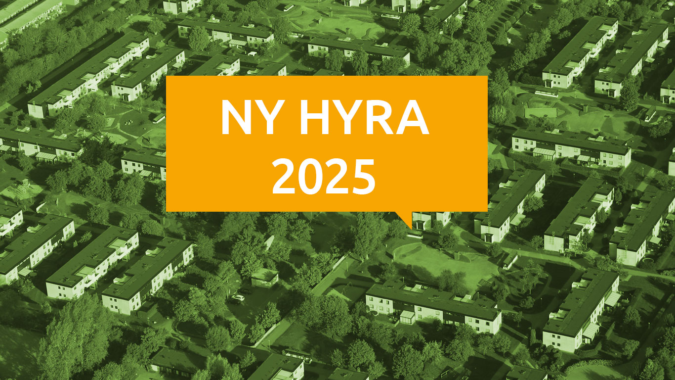 En gul pratbubbla med texten Ny hyra 2025. I bakgrunden en gröntonad flygbild över Offerkällan 