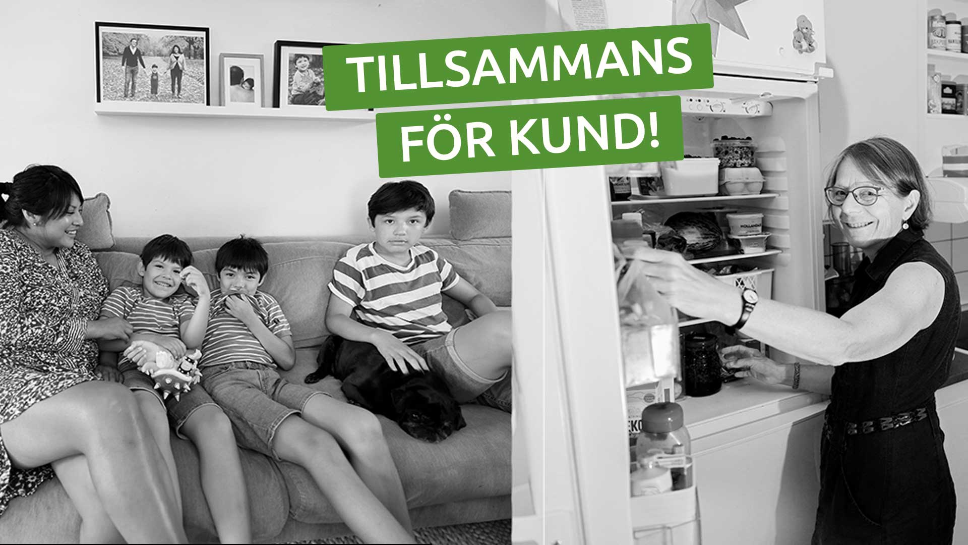 svartvita bilder från hyresgästers hem och med texten Tillsammans för kund 