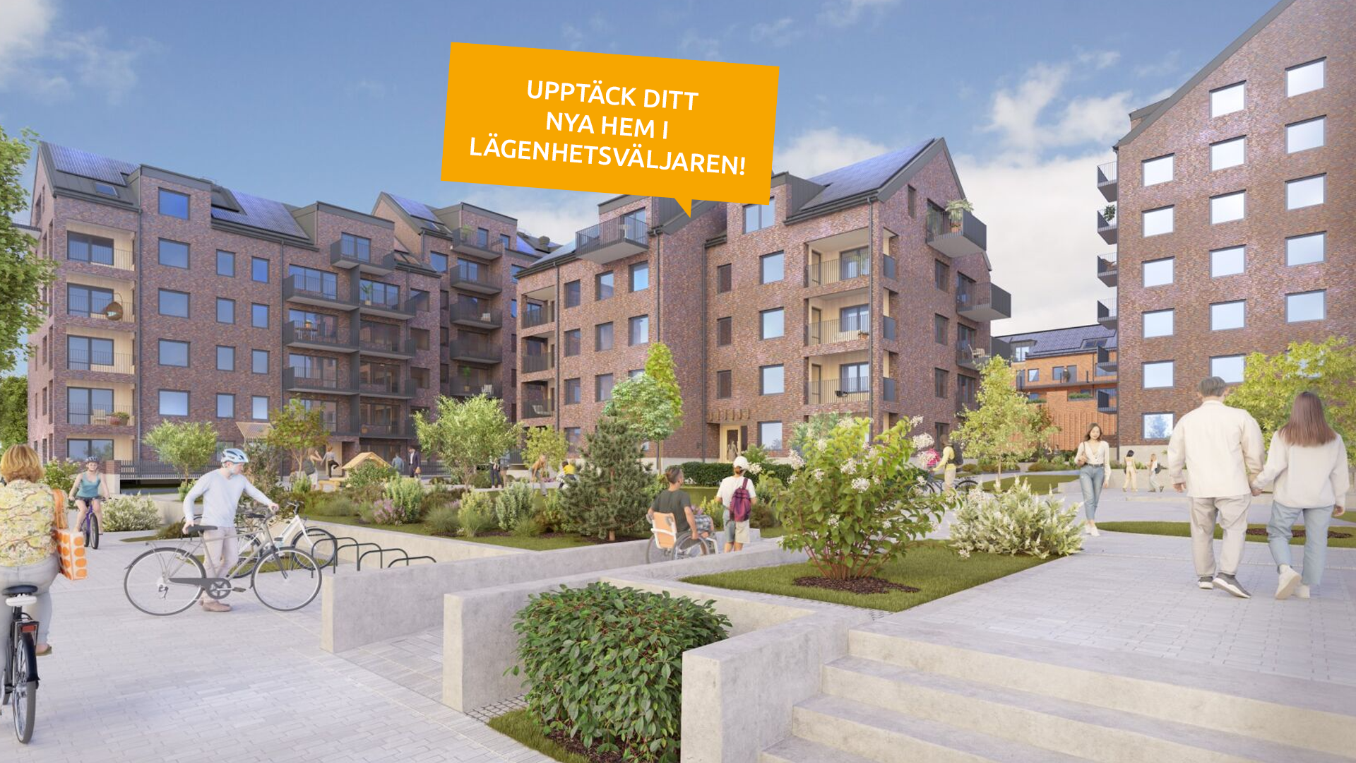 Illustration över innergården på Ornitologen samt texten "Upptäck ditt nya hem i lägenhetsväljaren!"