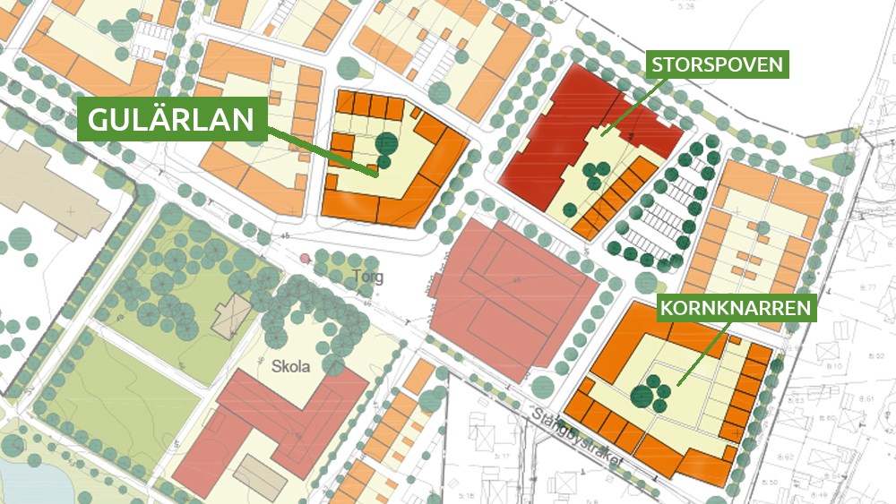 Markritning för Gulärland där man även ser angränsande kvarter. 