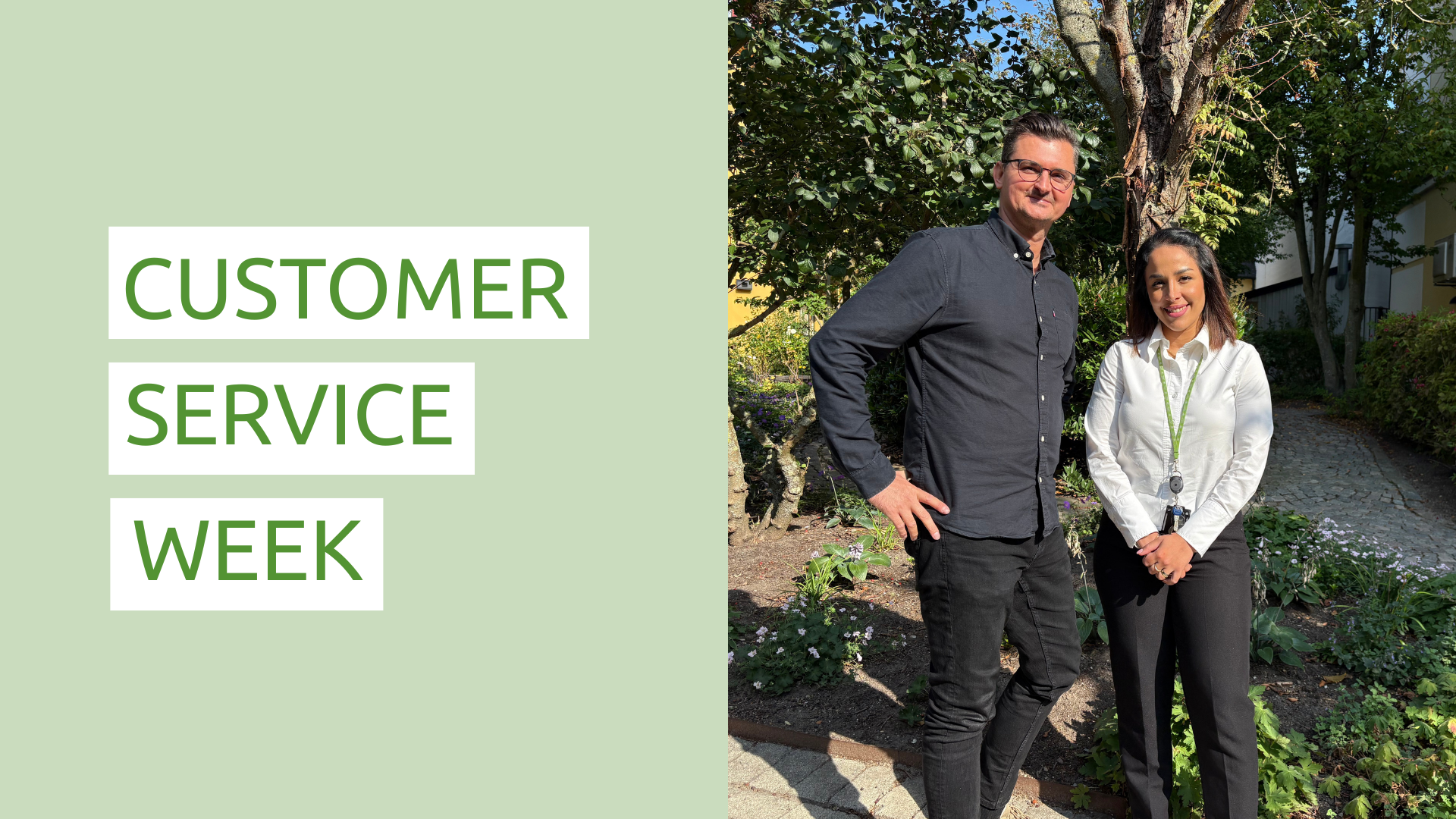 texten customer service week till vänster, till höger porträtteras två leende kollegor