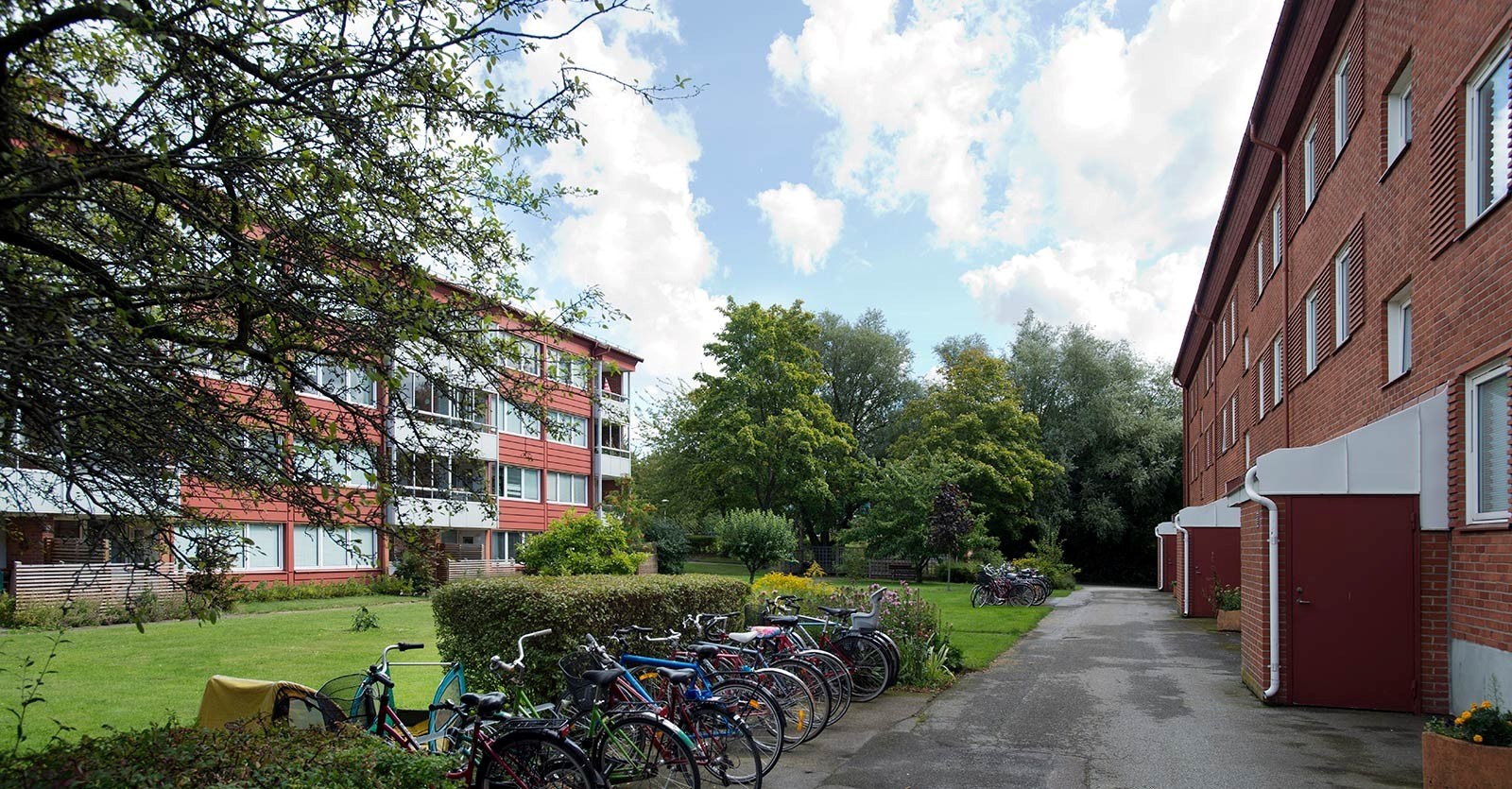Två flerfamiljshus med en grönyta samt en cykelparkering emellan.