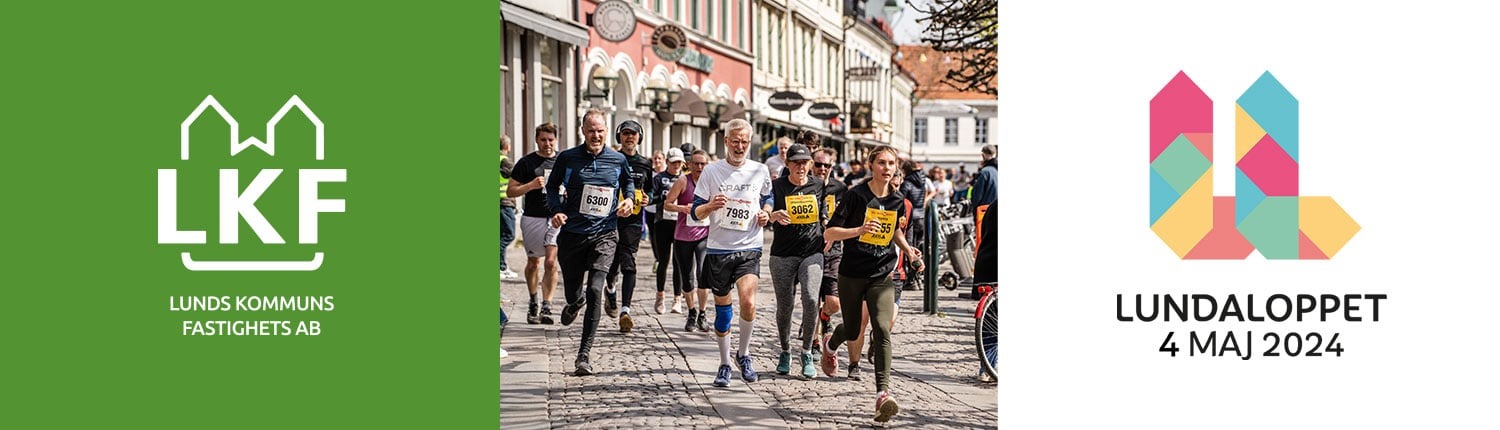 Bild på löpare i lundaloppet samt text Lundaloppet 4 maj 2024
