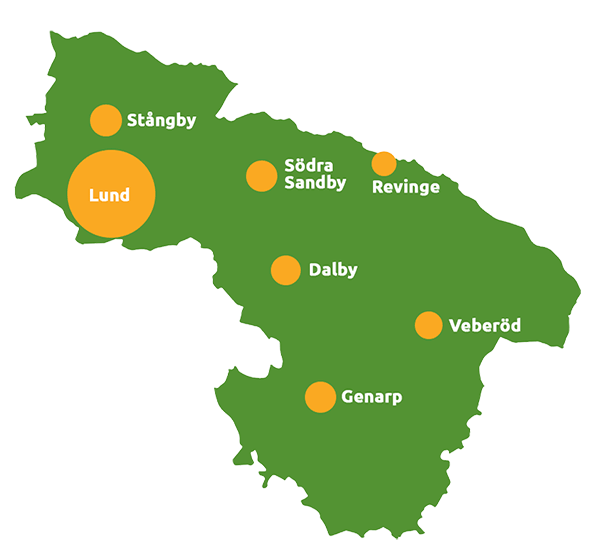 Karta över Lunds kommun med alla ortera markeriad