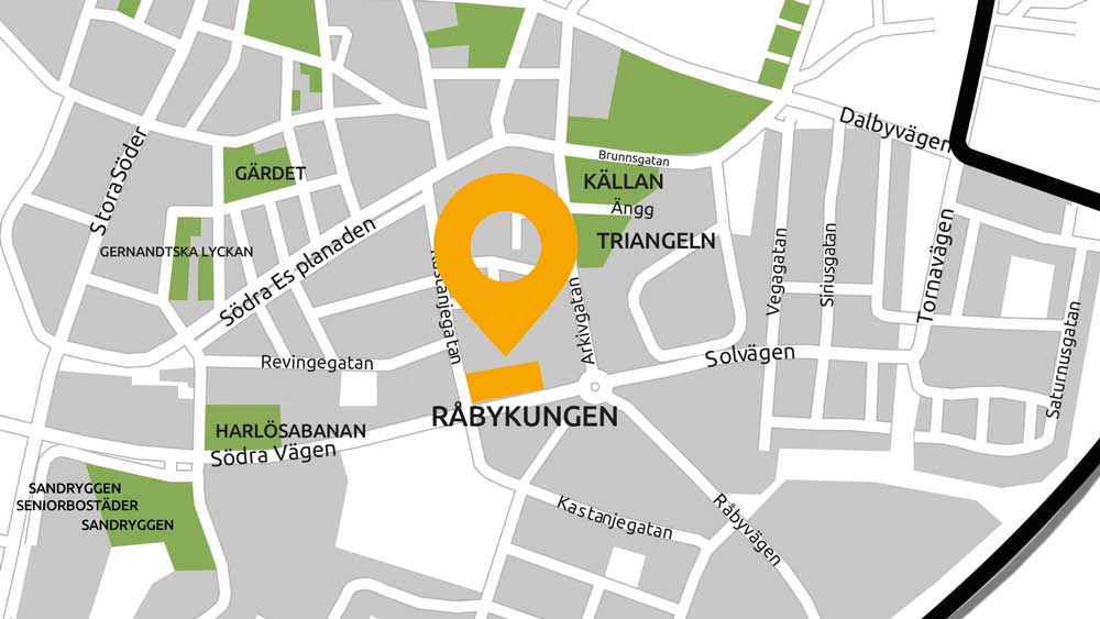 Karta som visar Råbykungen geografiska läge vid Södra vägen, Lund