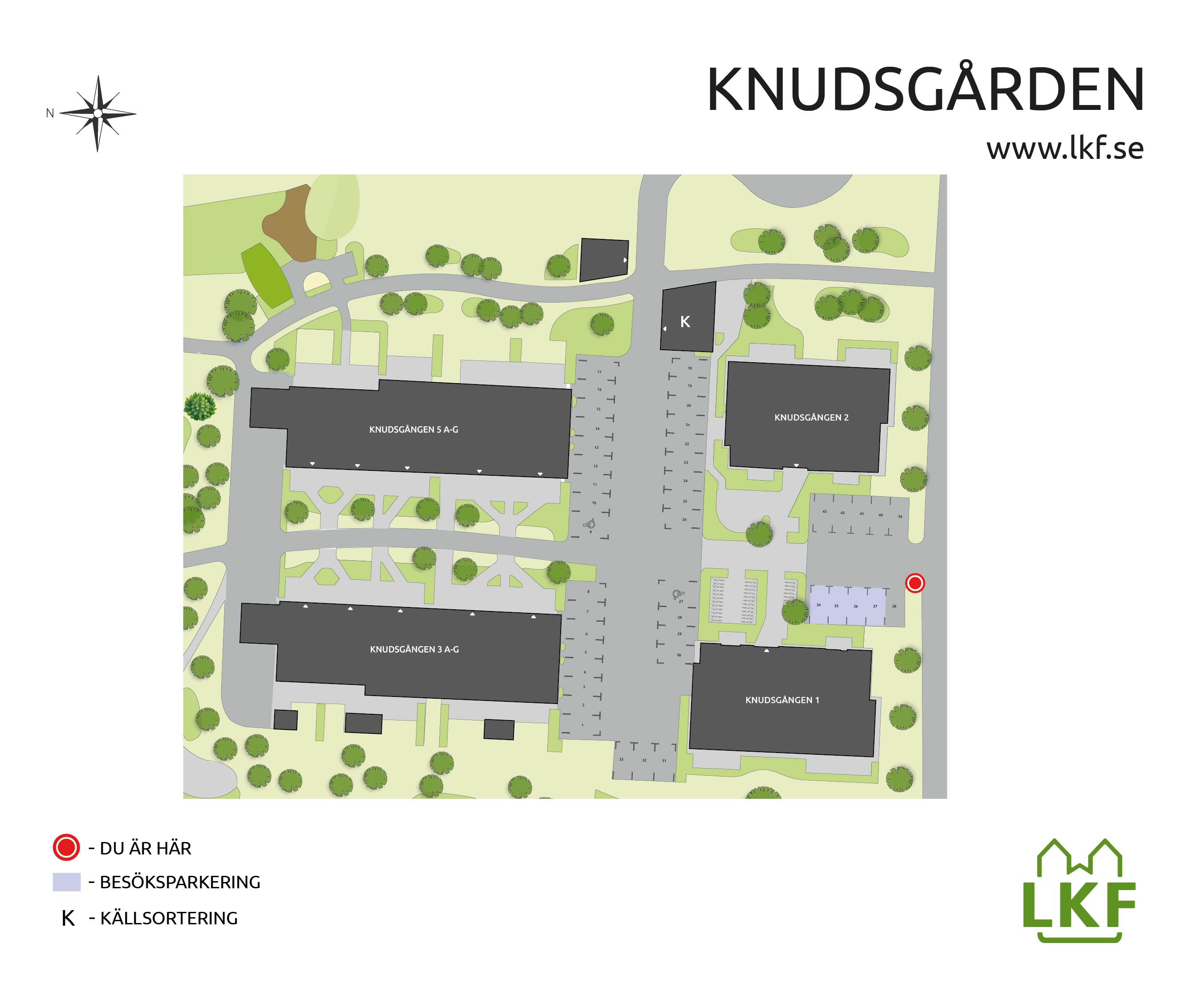 Karta över Knudsgården som visar husnummer, besöksparkering, miljöhus med mera