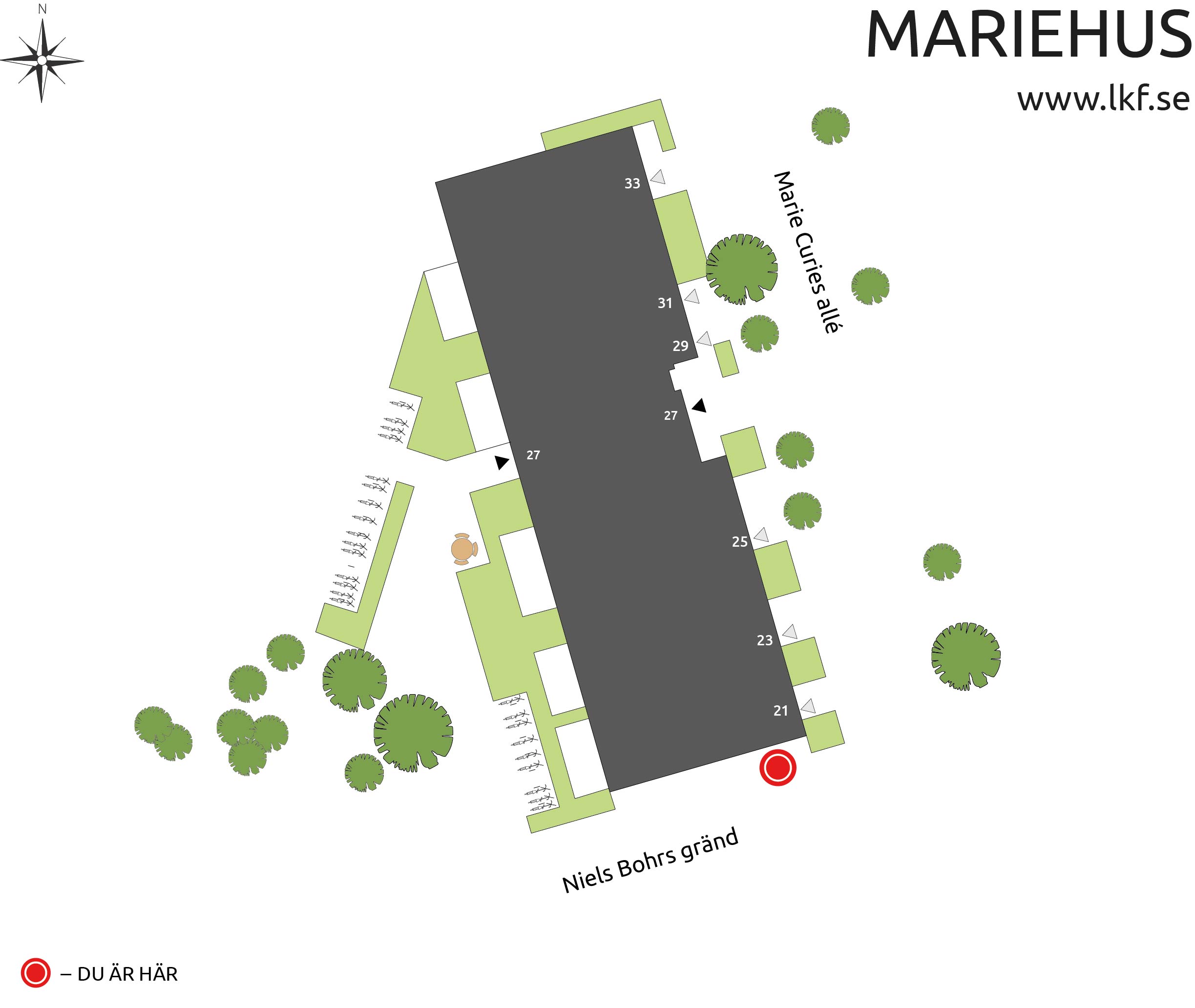 Karta över kvarteret som visar husnummer, cykelförvaring, mötersplatser med mera