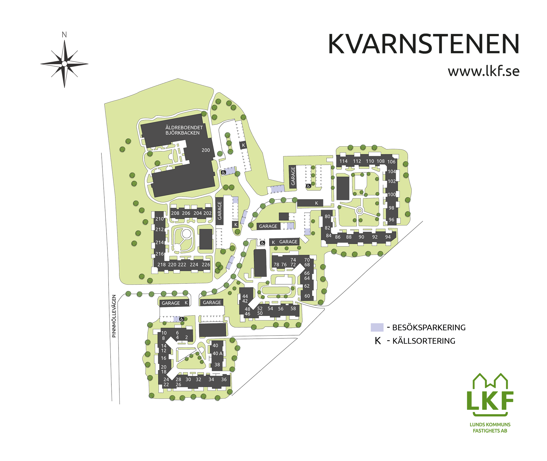 områdeskarta över Kvarnsten med husnummer, innergårdar och p-platser.