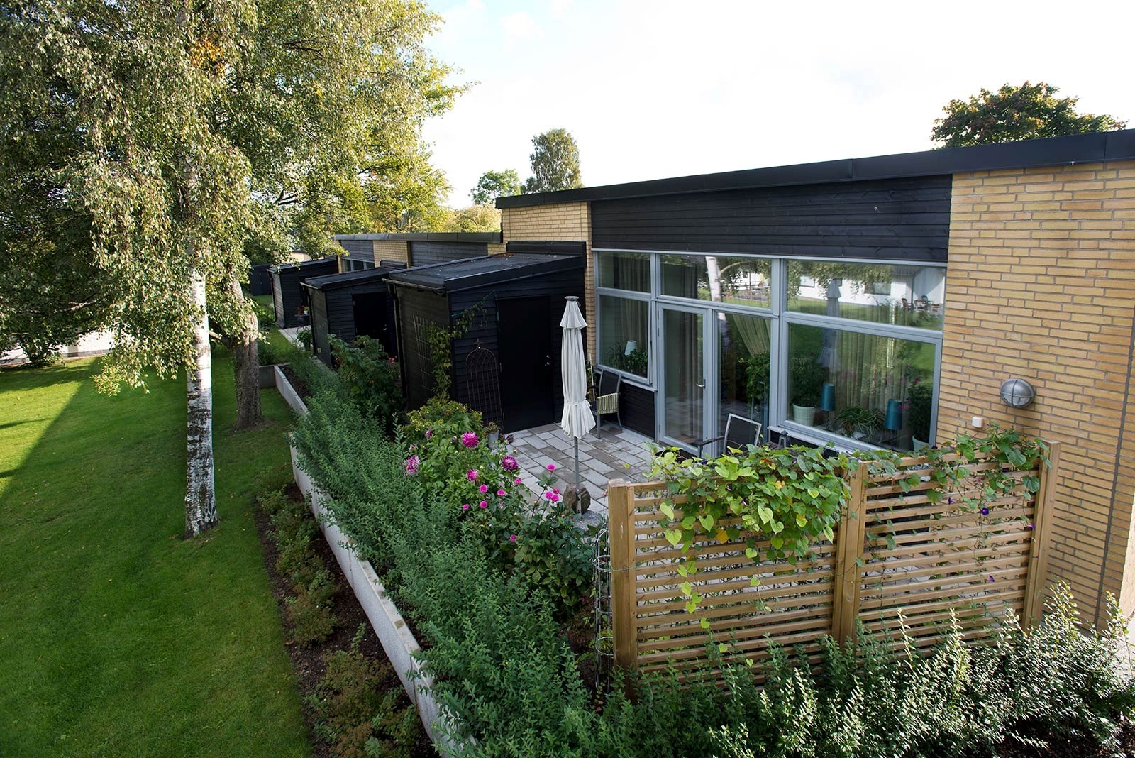 En grönskande uteplats tillhörande ett radhus i ett plan.