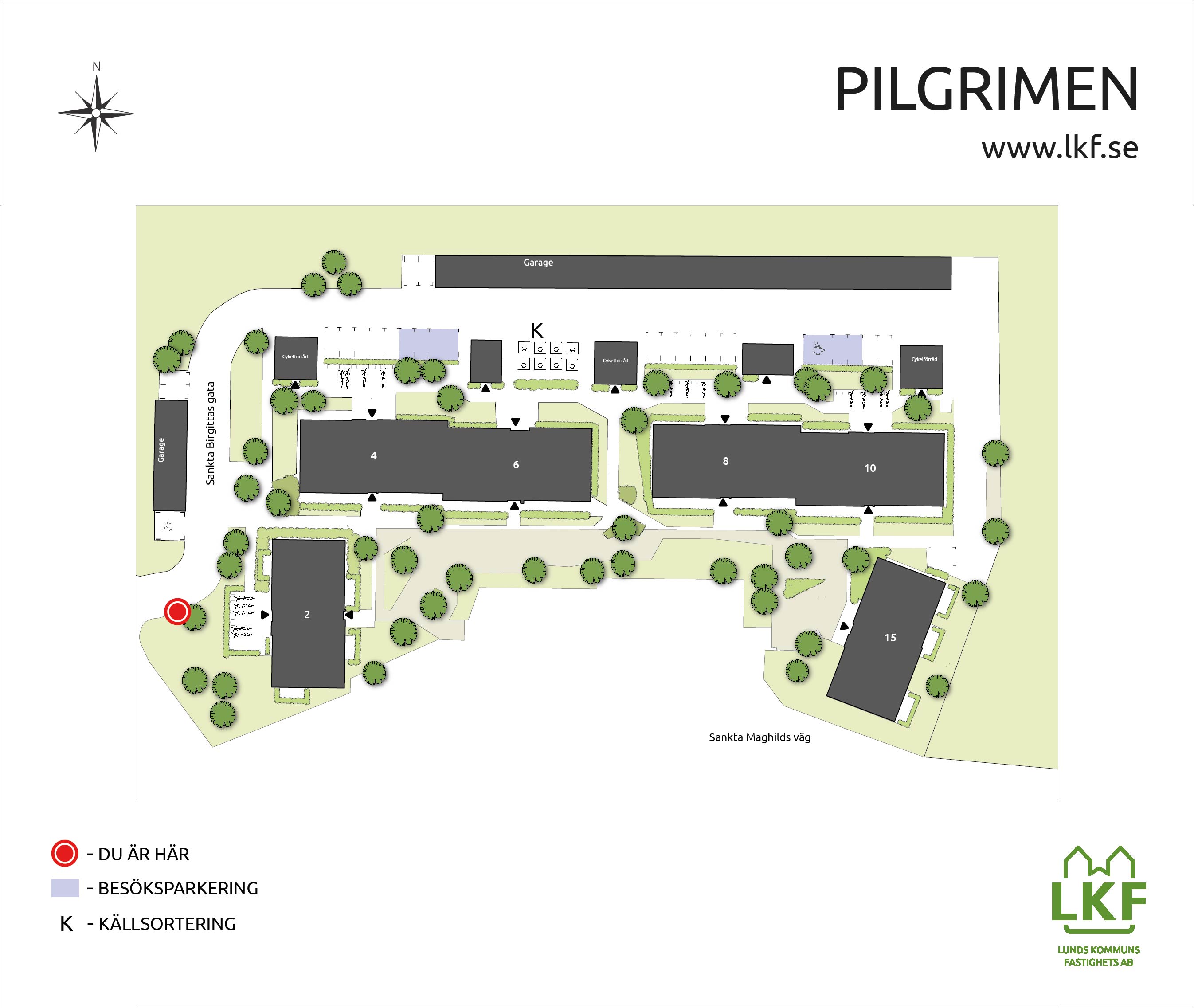 Karta över kvarteret Pilgrimen som visar husnummer, garage och parkeringsplatser med mera.