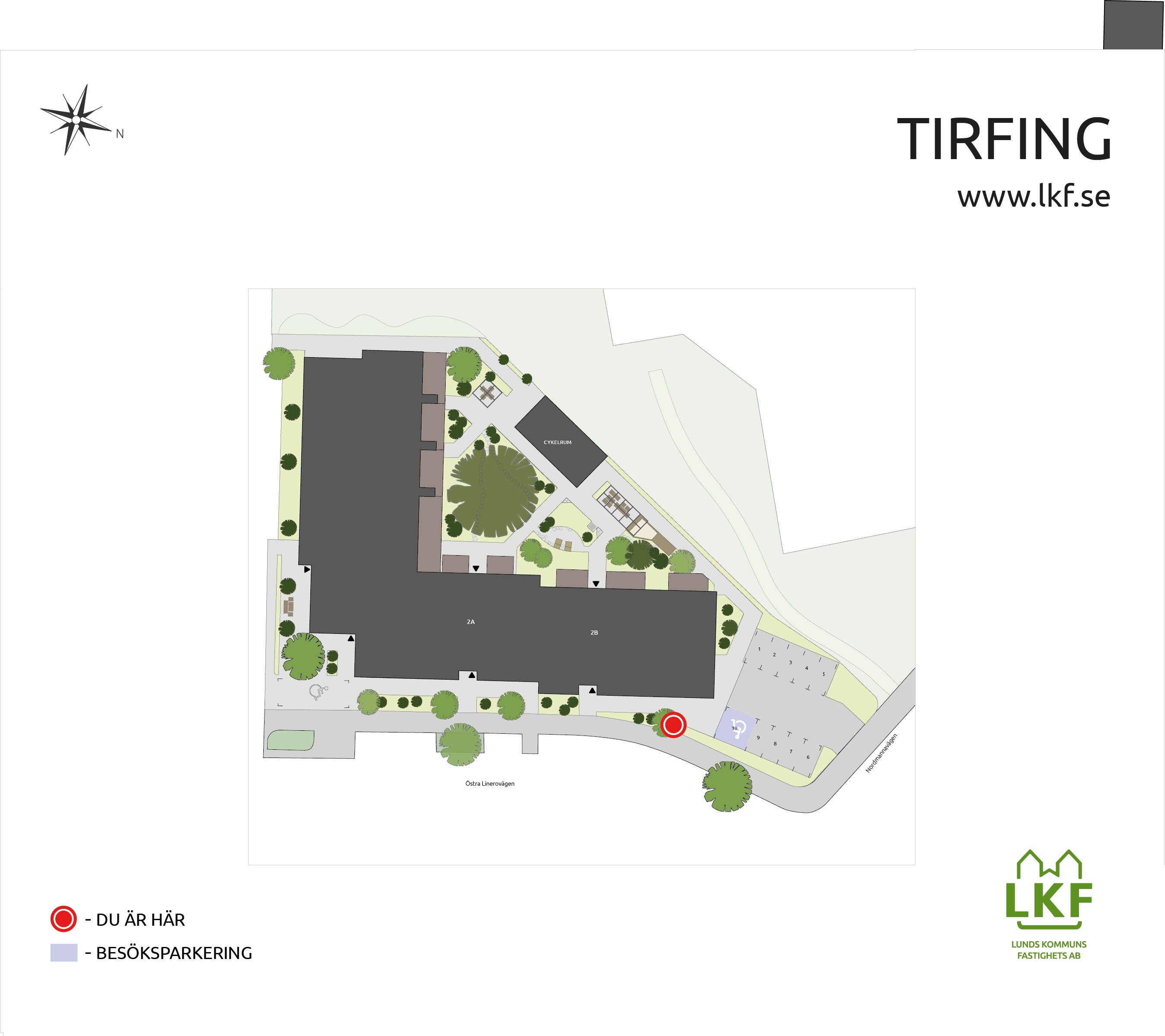 områdeskarta över tirfing med husnummer, innergården och p-platser.