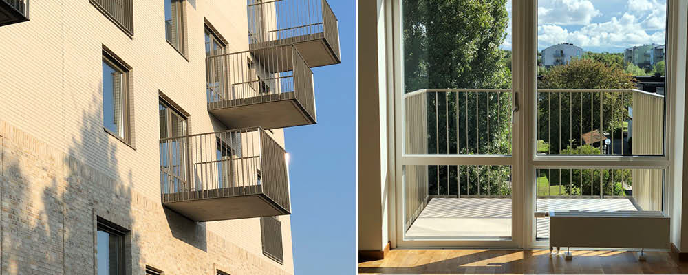 Kollage med bild på vit stenfasad med balkong samt utsikt inifrån lägenhet och ut genom balkongdörren.