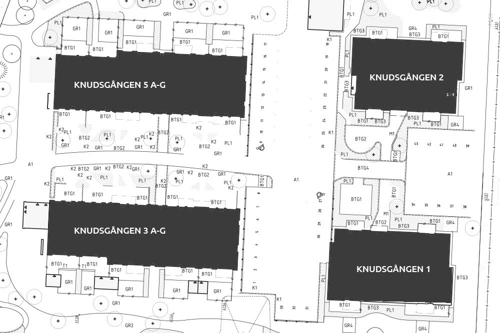 Karta som visar husens placering i kvarteret Knudsgården